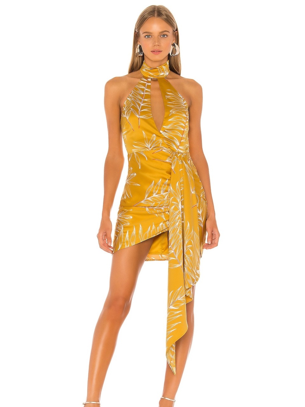Camila Coelho Antonia Mini Dress in Gold Tropical Hi Low Halter NWT